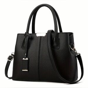 Chic Black Leather Look Satchel Tote